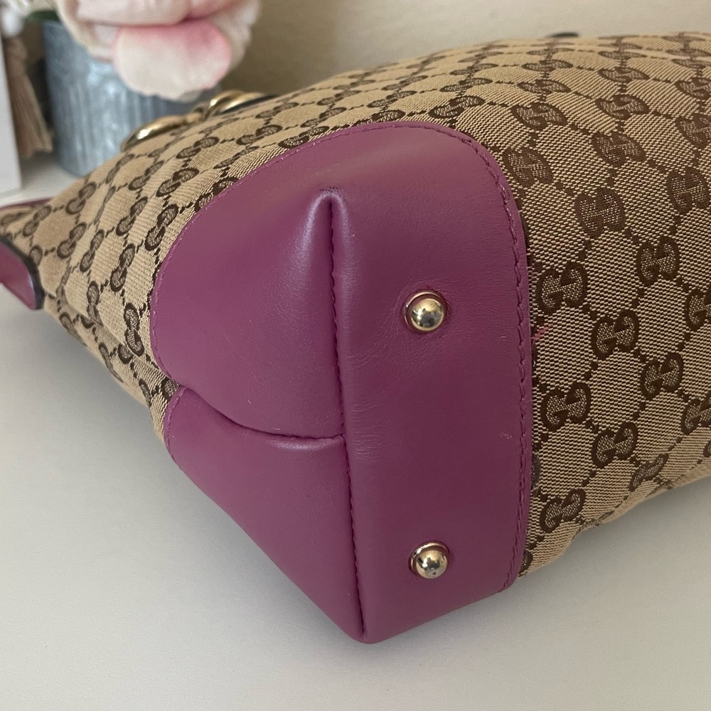 Gucci Heart Bit Charm Brown Canvas Pink Rose Leather Trim Tote - Picture 5 of 16